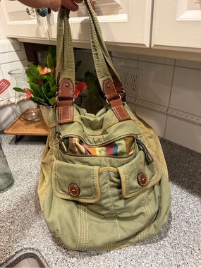 Fossil Canvas Shoulder Bag with Leather Trim - Olive Green